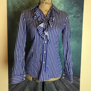 JONES NEW YORK Blue Striped Ruffles Neck Shirt PS